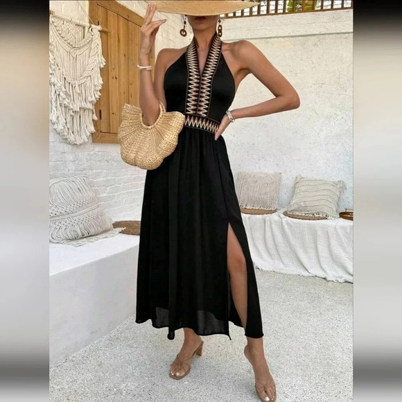 Backless Halter Neck Woven Strap Spliced Dress - Picture 3 of 4